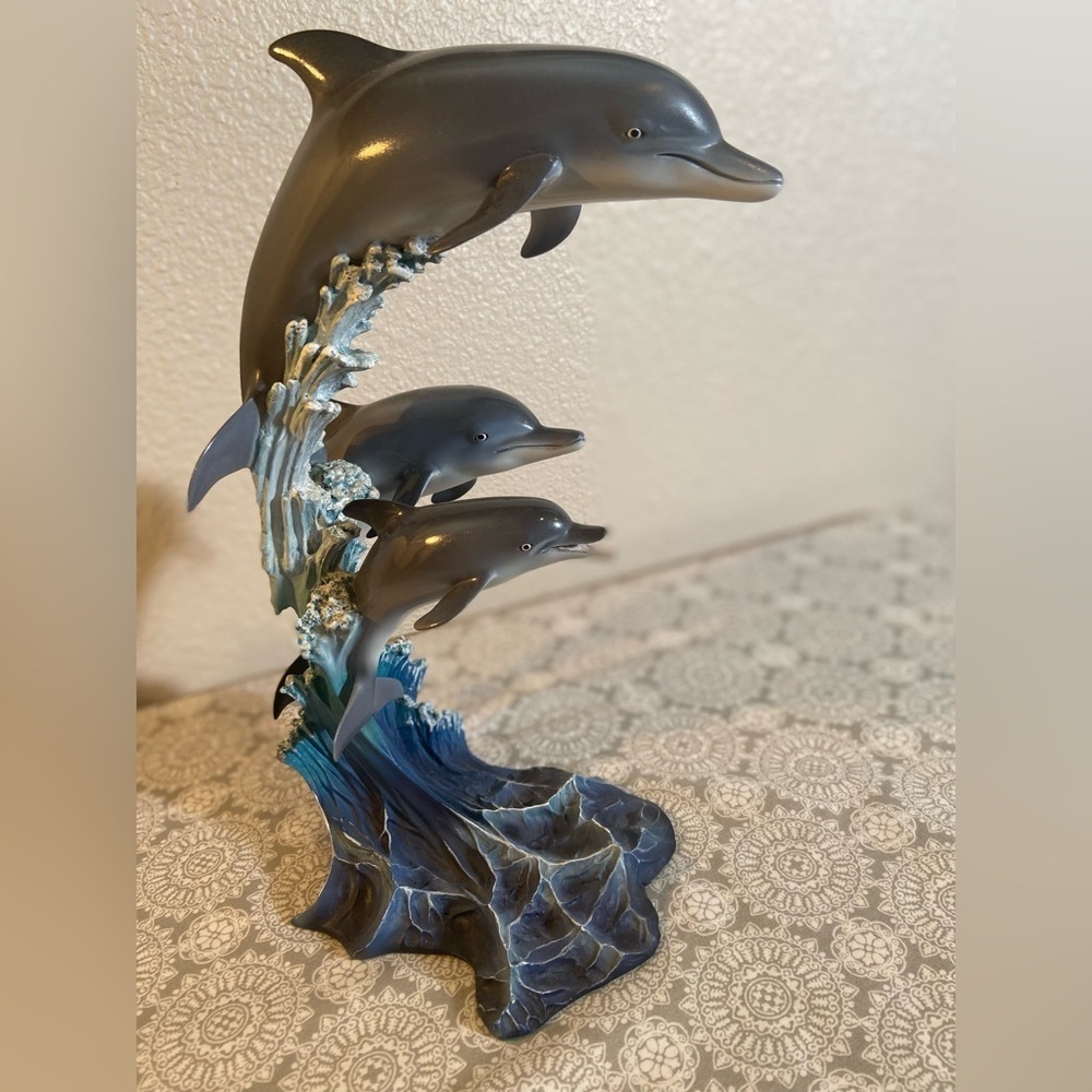 Danbury Mint~”Riding The Wave”~By Mike Atkinson~Vintage~3-Dolphins~Sculpture
